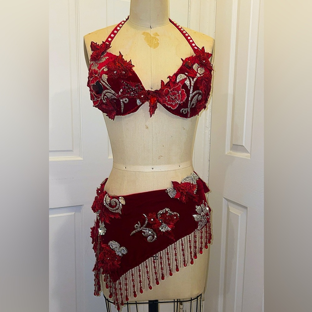 Red Velvet Silver Floral Embellished Bellydance Costume